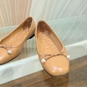 Jimmy Choo Nude/Tan Bow Ballet Flats with Pearl Accents